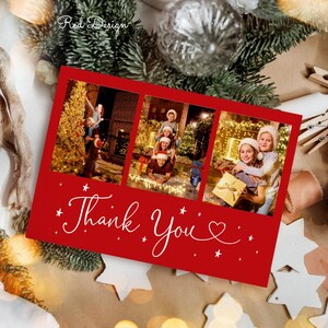 May include: Red Christmas card featuring a collage of three photographs of a family celebrating Christmas. The photos show the family decorating a Christmas tree, posing for a photo, and holding a gift. The card has the text "Thank You" with a heart and stars.