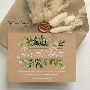 May include: Save the Date card with a rustic brown background and green watercolor floral design. The text reads "Save the Date" in white cursive lettering with a green border. The card also includes the names Samantha Mae Johnson and Robert John Smith, the date Saturday 12th August 2022, the location Town Hall, Cleveland, and the phrase "formal invitations to follow".