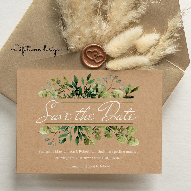 May include: Save the Date card with a rustic brown background and green watercolor floral design. The text reads "Save the Date" in white cursive lettering with a green border. The card also includes the names Samantha Mae Johnson and Robert John Smith, the date Saturday 12th August 2022, the location Town Hall, Cleveland, and the phrase "formal invitations to follow".