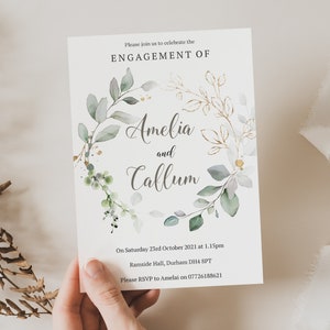 Invitación personalizada para fiesta de compromiso con eucalipto, estilo minimalista con vegetación.