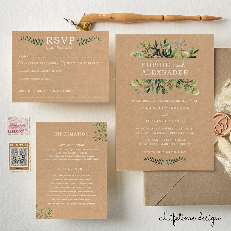 May include: A rustic brown wedding invitation suite with green floral accents. The invitation features the names "Sophie and Alexander" and the date "October 12, 2021". The RSVP card includes a space for guests to indicate their attendance and dietary requirements.