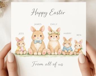 Personalised Bunny Family Easter Card, Watercolour Illustration, Custom Names (SQ)