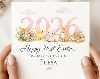 Personalised First Easter Card 2026, Watercolour Spring Animals, Baby Girl Keepsake (SQ)