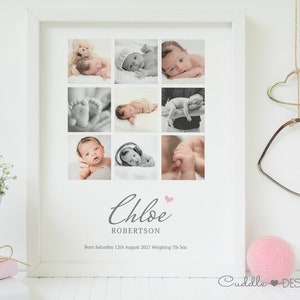 May include: A white photo frame with a collage of nine black and white photos of a baby. The frame has a white mat and a white background. The text "Chloe Robertson" is written in gray script font below the photos. The text "Born Saturday 12th August 2021 Weighing 7lb 5oz" is written in gray font below the name.