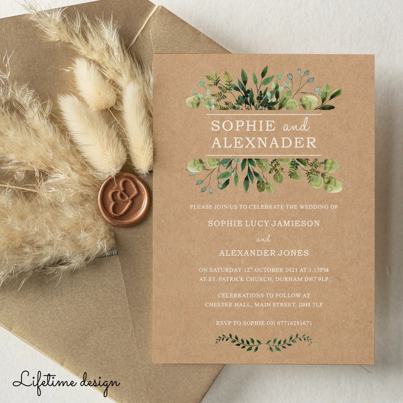 May include: A rustic brown wedding invitation with green watercolor floral accents. The invitation reads "Sophie and Alexander" and includes the wedding date, time, and location. RSVP information is also included.