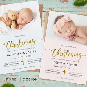 May include: Two pink and white baby christening invitations with gold lettering. The invitations feature a photo of a baby sleeping with a teddy bear and a baby wearing a flower crown. The text on the invitations reads "Please join us to celebrate the Christening of" followed by the baby's name and date of the christening. The invitations also include information about the mass and reception.