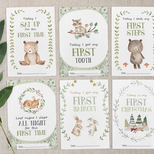 Pode incluir: Seis cart&otilde;es ilustrados com um tema de floresta. Cada cart&atilde;o apresenta um marco diferente para um beb&ecirc;, como "Hoje eu sentei pela primeira vez" com um urso, "Hoje eu ganhei meu primeiro dente" com um guaxinim, "Hoje eu dei meus primeiros passos" com um urso, "Ontem &agrave; noite eu dormi a noite toda pela primeira vez" com um veado, "Hoje eu cortei meu cabelo pela primeira vez" com um coelho, e "Hoje &eacute; meu primeiro Natal" com uma raposa.