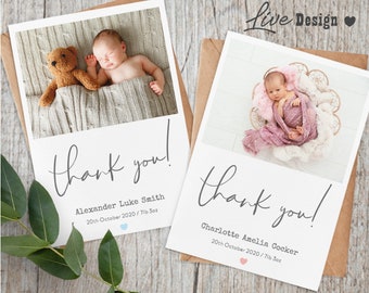 Baby Personalised Thank You Card, (B3) Retro Photo Birth Announcement, Personalised Thank You Cards From New baby Personalised Cards