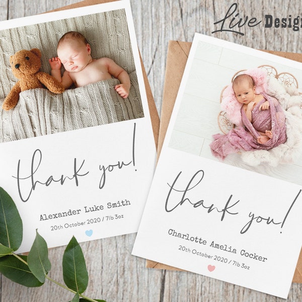 Baby Personalised Thank You Card, (B3) Retro Photo Birth Announcement, Personalised Thank You Cards From New baby Personalised Cards