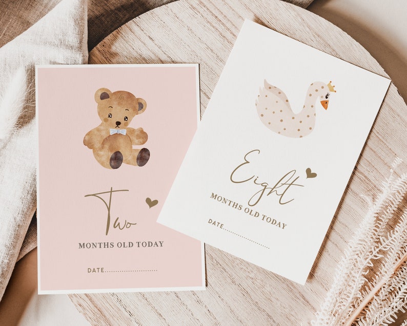 Pu&ograve; includere: Due carte rosa con illustrazioni di un orsacchiotto e un cigno. Le carte sono per i traguardi del secondo e dell'ottavo mese di un bambino. Il testo sulle carte recita "Due mesi oggi" e "Otto mesi oggi".