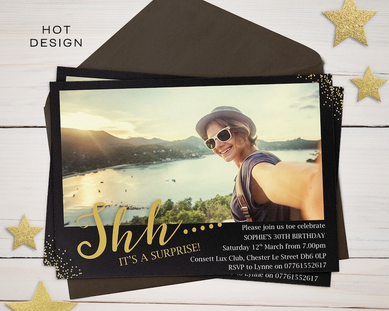 May include: A black and gold birthday party invitation with a photo of a person wearing sunglasses and a hat. The text on the invitation reads "Shh... It's a surprise!" and includes details about the party, including the date, time, and location.