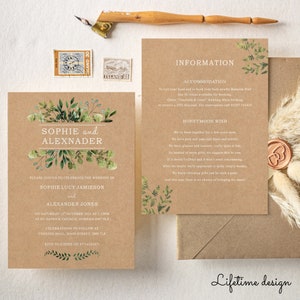 May include: A rustic wedding invitation with a brown background and green foliage. The invitation features the names "Sophie and Alexander" in white text. The text "Please join us to celebrate the wedding of Sophie Lucy Jamieson and Alexander Jones" is also included. The invitation includes the date, time, and location of the wedding.