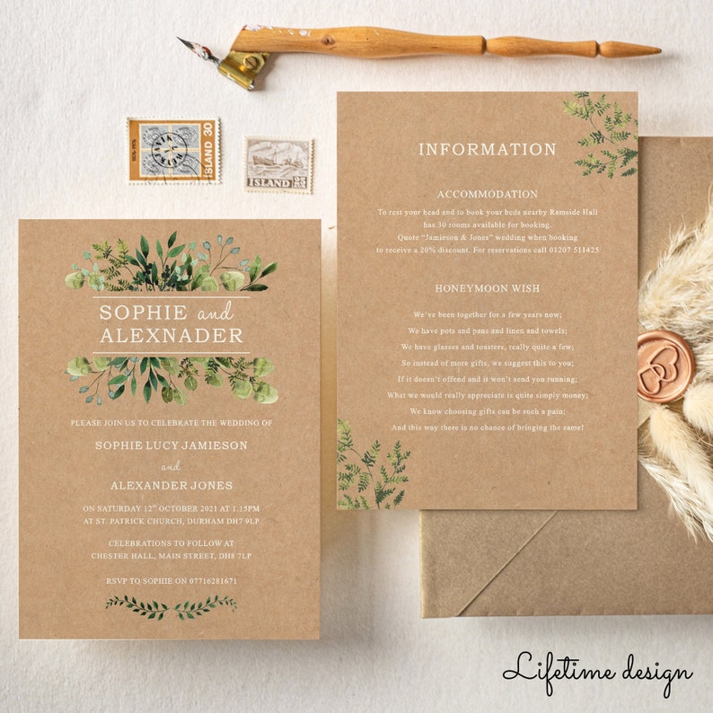 May include: A rustic wedding invitation with a brown background and green foliage. The invitation features the names "Sophie and Alexander" in white text. The text "Please join us to celebrate the wedding of Sophie Lucy Jamieson and Alexander Jones" is also included. The invitation includes the date, time, and location of the wedding.
