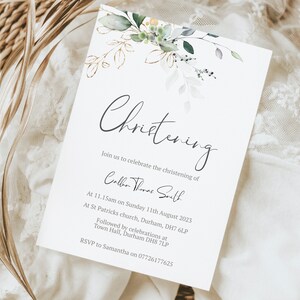 May include: A white card with a green and gold floral design. The text on the card reads "Christening" and includes the details for a christening ceremony for Callie Thorne Smith. The ceremony will be held at St. Patrick's Church in Durham, followed by celebrations at the Town Hall.