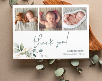Personalised Baby Thank you card, Vintage New Baby, (B3) Floral Photo Thank you Note, Photo Birthday Thank you card, Baby Personalised