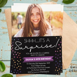May include: A black and purple birthday party invitation with colorful confetti. The invitation reads "SHHH....IT'S A Surprise!" and includes the text "You are invited to a surprise party to celebrate Olivia's 18th Birthday". The invitation also includes the date, time, and location of the party.