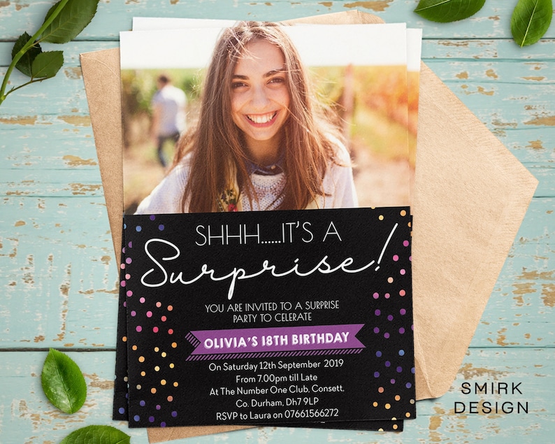 May include: A black and purple birthday party invitation with colorful confetti. The invitation reads "SHHH....IT'S A Surprise!" and includes the text "You are invited to a surprise party to celebrate Olivia's 18th Birthday". The invitation also includes the date, time, and location of the party.