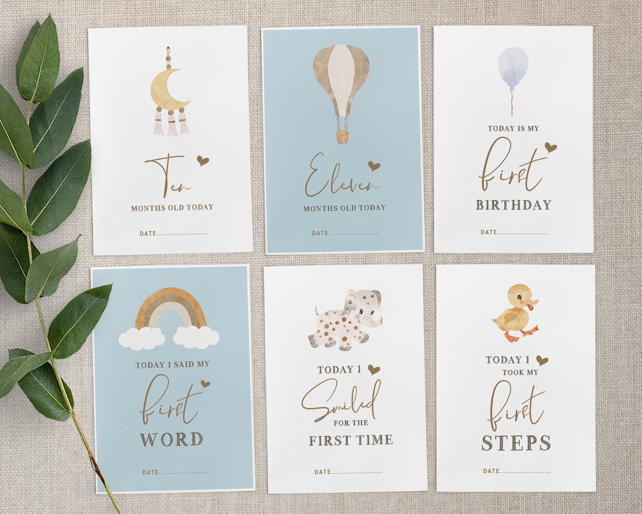 Vintage Blue Baby Milestone Cards, Watercolour Illustrations, Baby Boy ...