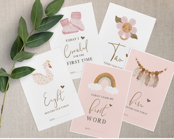 Vintage Baby Milestone Cards, Pink Milestone Cards, Babies First Milestone Cards. Boho Milestone Cards, watercolour Pink