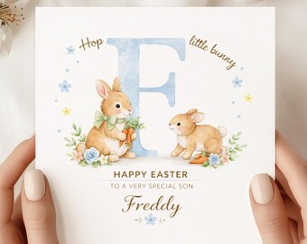 Personalised Easter Card, Watercolour Bunny Initial, Custom Name Greeting for Boys (SQ)
