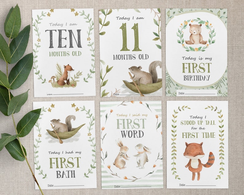 Pode incluir: Conjunto de seis cart&otilde;es de marcos imprim&iacute;veis com animais da floresta e vegeta&ccedil;&atilde;o. Os cart&otilde;es incluem marcos como "Hoje tenho dez meses", "Hoje tenho onze meses", "Hoje &eacute; meu primeiro anivers&aacute;rio", "Hoje tomei meu primeiro banho", "Hoje disse minha primeira palavra" e "Hoje fiquei em p&eacute; pela primeira vez".
