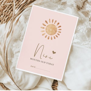 Pu&ograve; includere: Un biglietto rosa con un'illustrazione di sole dorata e il testo "Nine months old today" con una riga vuota per la data.
