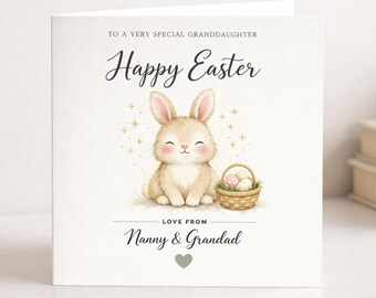 Personalised Easter Card, Watercolour Bunny, Custom Greeting for Grandchild (SQ)