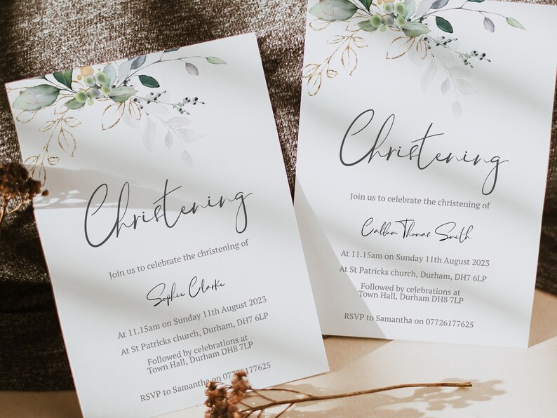 May include: Two white cards with a watercolor floral design in the top corner. The text on the cards reads "Christening" and includes the names of the babies being christened, the date, time, and location of the ceremony, and the contact information for RSVPs.