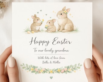 Personalised Watercolour Bunny Family Easter Card for Grandma, From Grandchildren (SQ)