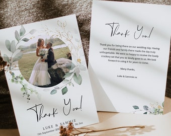 Personalised Wedding Thank You Cards,  (Z1) Eucalyptus Personalised Thank You Card, Greenery Wedding Thank You card, Double sided and folded