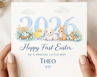 Personalised Watercolour Baby Boy First Easter Card 2026, Keepsake (SQ)