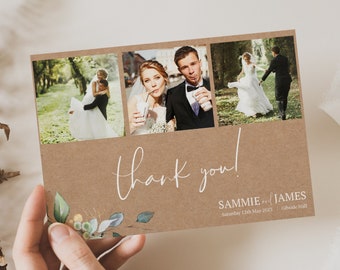 Eucalyptus Personalised Photo Thank You Card, (Z1) Retro Wedding Thank You Cards, Vintage Wedding Thank You card, Double sided folded card