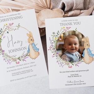 May include: A christening invitation featuring a floral wreath and a Peter Rabbit illustration. The invitation is for Harry Johnson and includes the date, time, and location of the event. RSVP details are also provided.