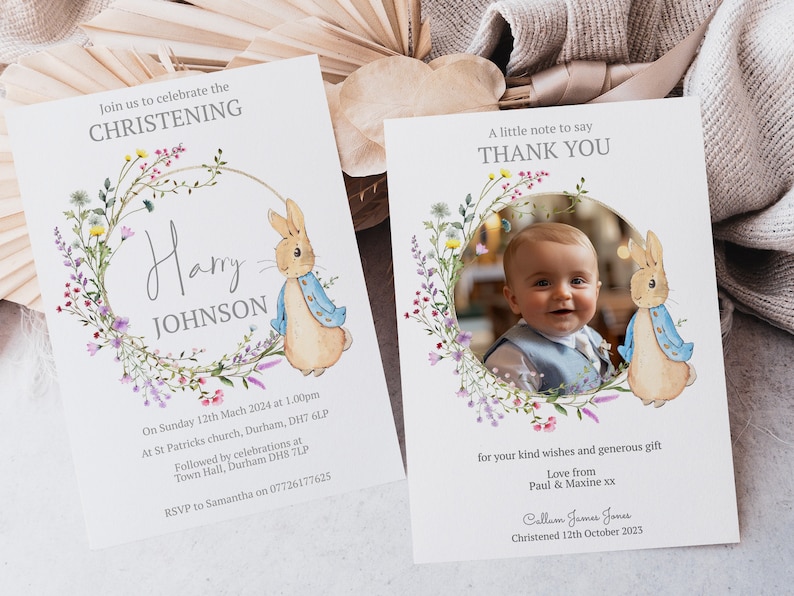 May include: A christening invitation featuring a floral wreath and a Peter Rabbit illustration. The invitation is for Harry Johnson and includes the date, time, and location of the event. RSVP details are also provided.