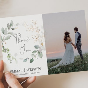 Eucalyptus Personalised Photo Thank You Card, (Z1) Wedding Thank You Cards, Vintage Wedding Thank You card, Double sided and folded card