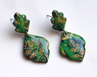 Green Drop Dangle Floral I Polymer Clay Earrings I Statement Earrings