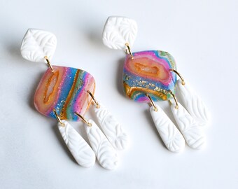 Rainbow Agate Medusa White 1 I Polymer Clay Earrings I Statement Earrings