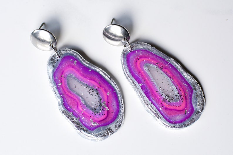 Purple Agate Discs I Polymer Clay Earrings I Statement Earrings image 1