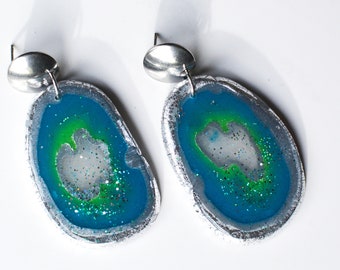 Blue-Green Agate Discs I Polymer Clay Earrings I Statement Earrings