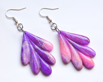 Pink Purple Marble Leaves Hanger I Polymer Clay Earrings I Statement Earrings