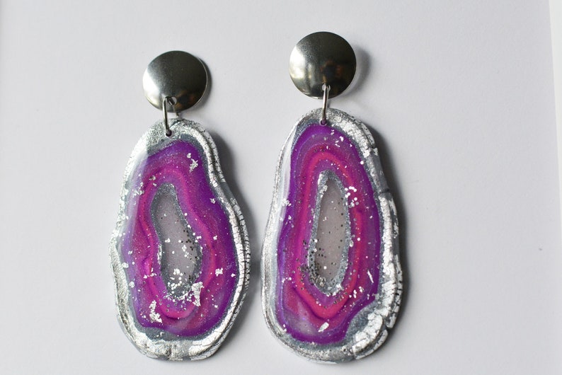 Purple Agate Discs I Polymer Clay Earrings I Statement Earrings image 3