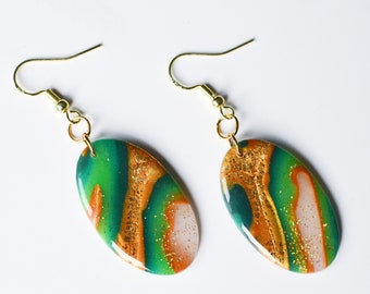 Green Agate Oval Hangers I Polymer Clay Earrings I Statement Earrings