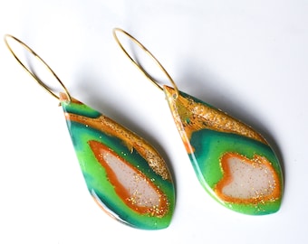 Green Agate Drops Creole Large I Polymer Clay Earrings I Statement Earrings