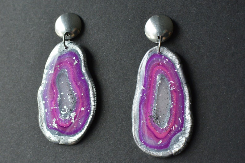 Purple Agate Discs I Polymer Clay Earrings I Statement Earrings image 2