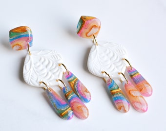 Rainbow Agate Medusa White 2 I Polymer Clay Earrings I Statement Earrings