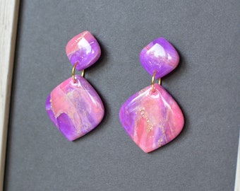 Pink Purple Marble Drops Dangle I Polymer Clay Earrings I Statement Earrings
