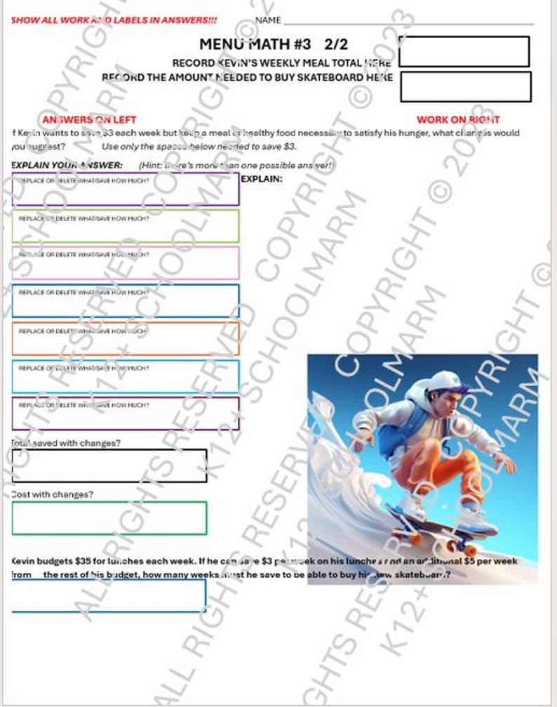 Menu Math Word Problems Printable Worksheets Grades 3-adult #3 - Etsy