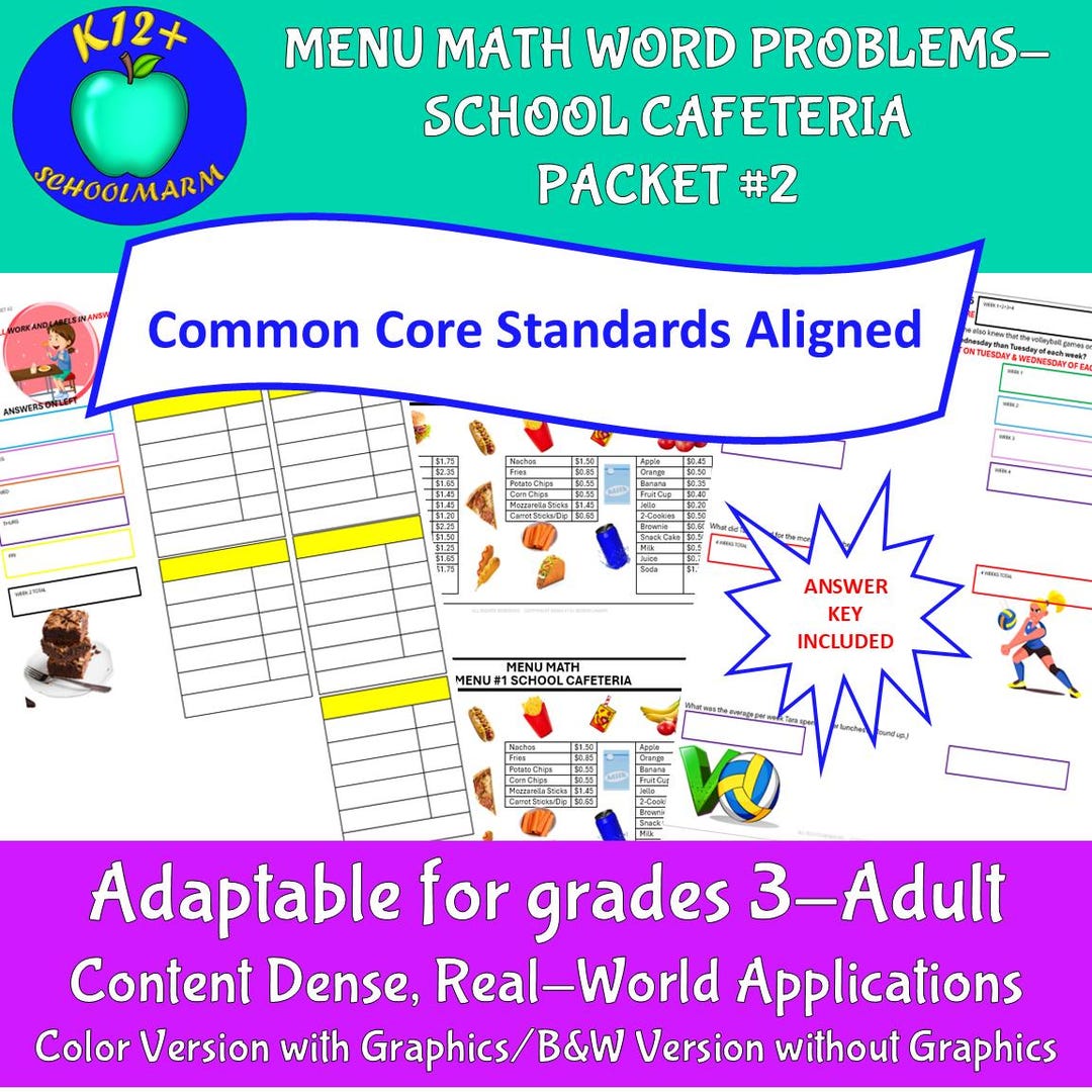 Menu Math Word Problems Printable Worksheets Grades 3-adult #2 - Etsy