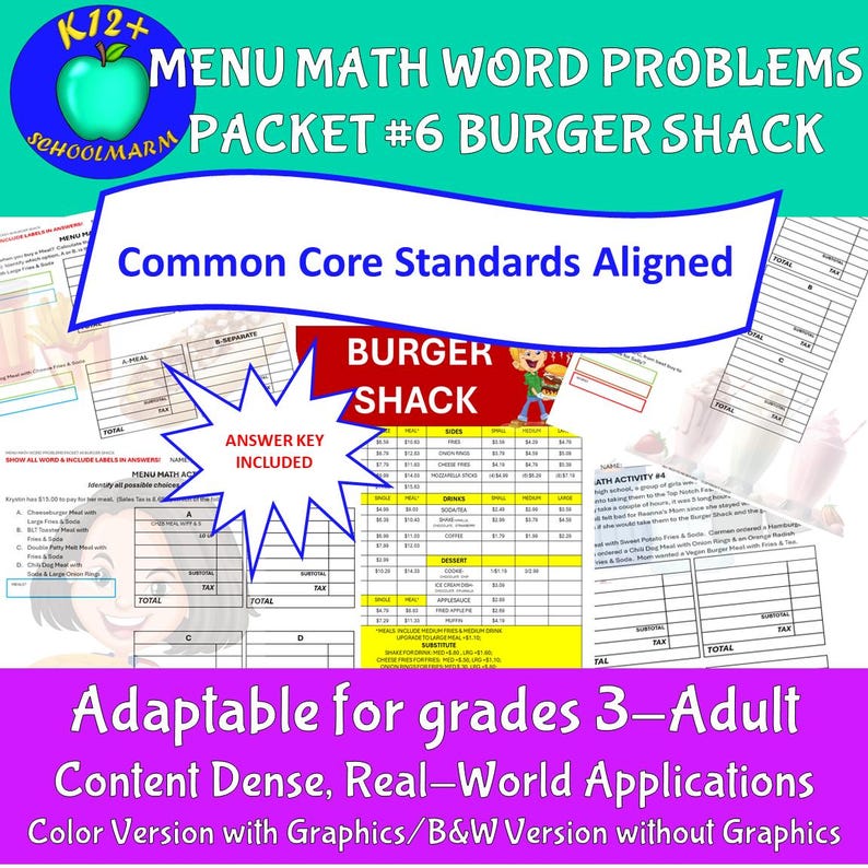 Menu Math Word Problems Printable Worksheets Grades 3-adult #6 Burger ...