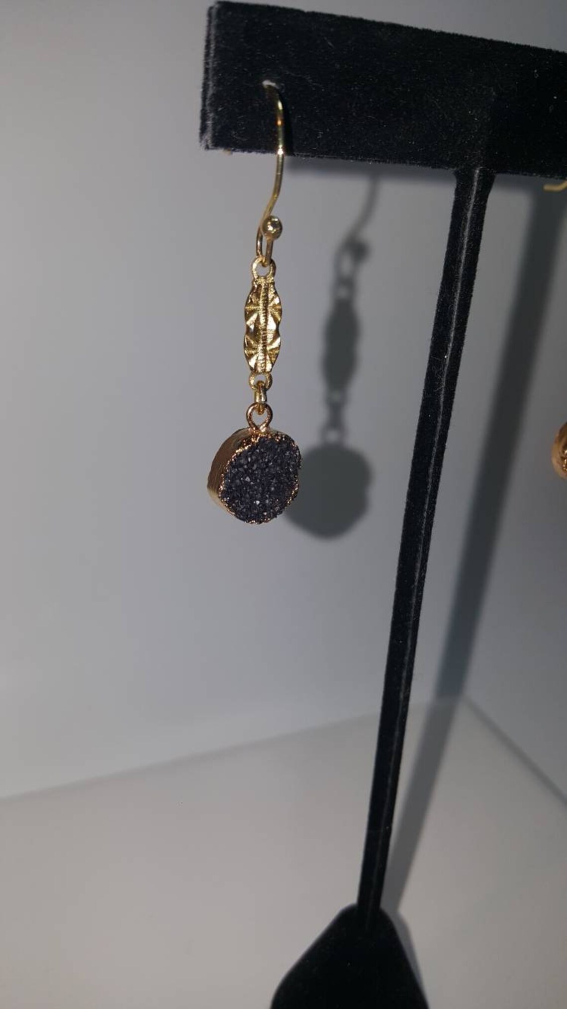 Gold Dangle Earrings With Vintage Gold Patterned Metal and Black Crystal Stones Etsy Australia